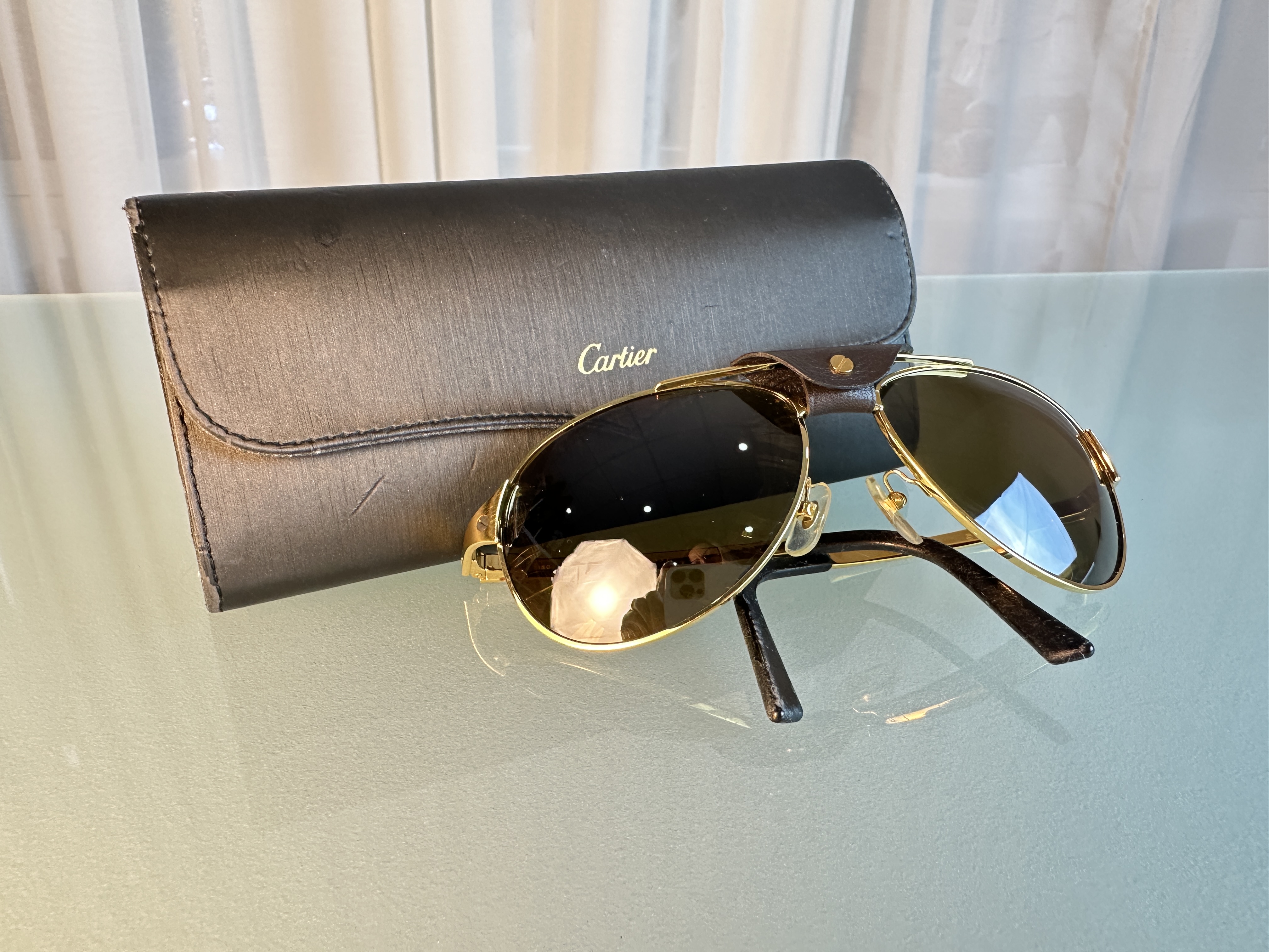 Cartier Edition Santos Dumont Sonnenbrille Leder/Gold mit Etui Zustand siehe Bilder Schöner Klassiker 