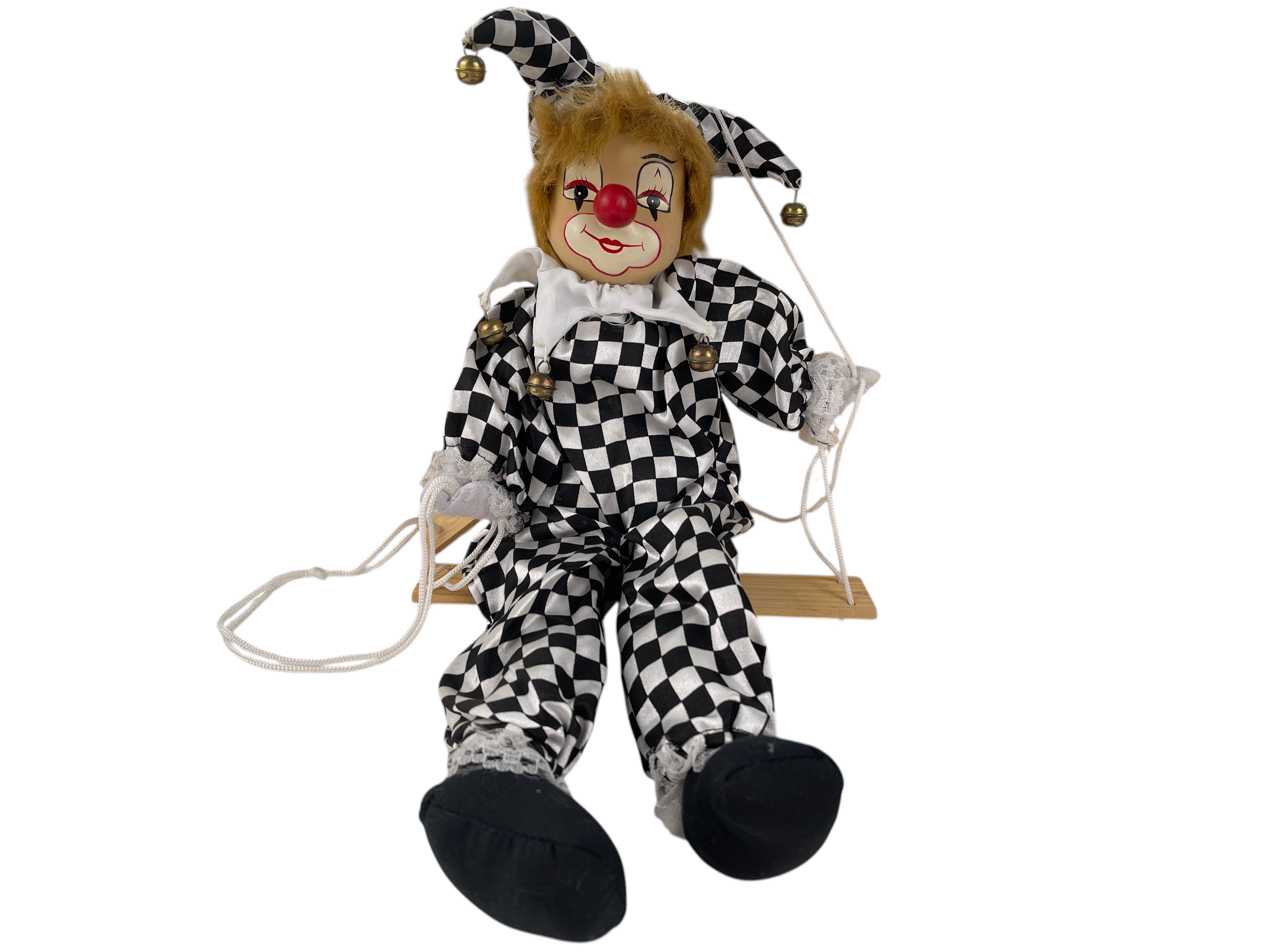 Künstlerpuppe Puppe Porzellan Clown mit Schaukel 35 cm. Top Zustand 