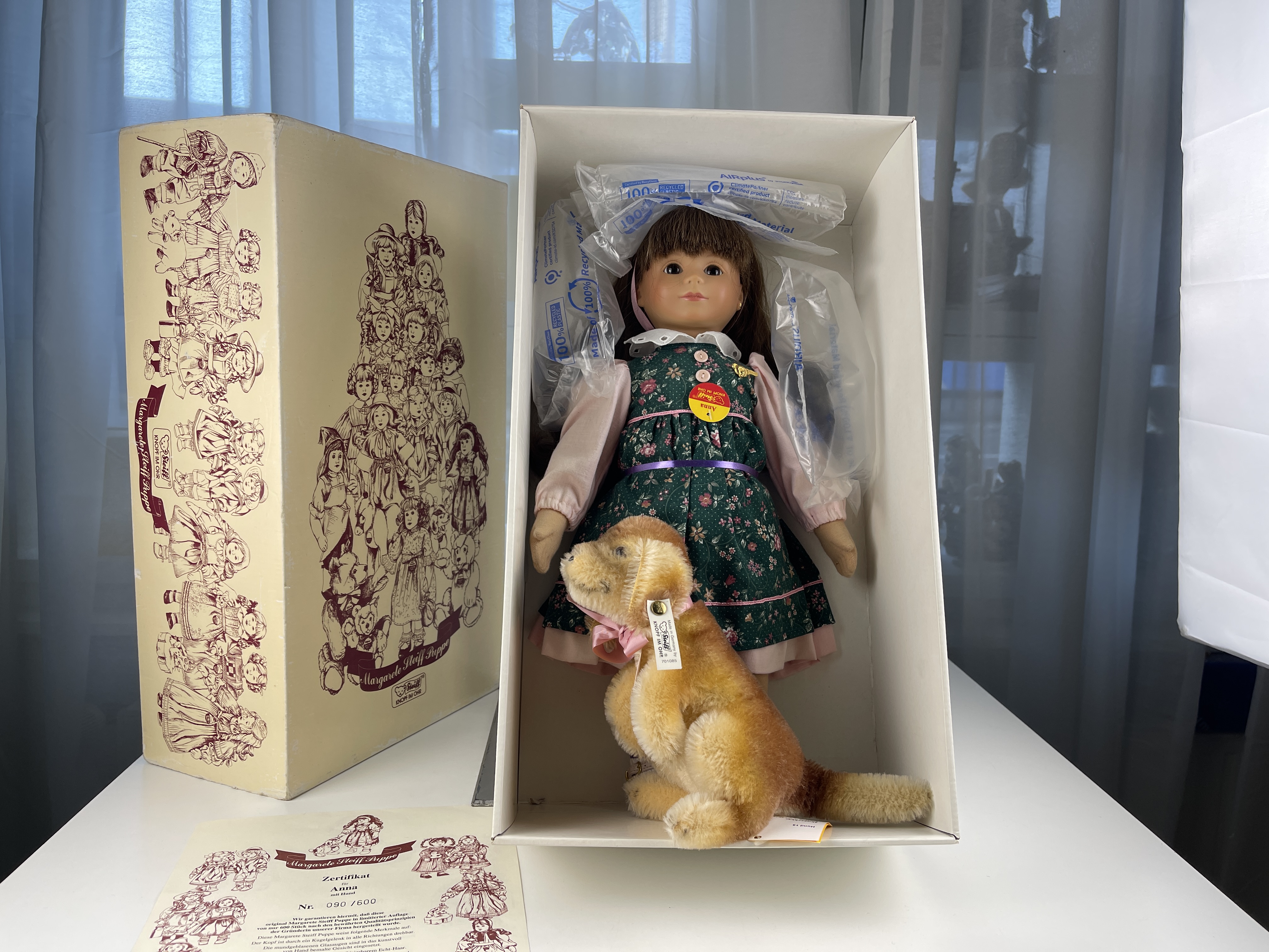Steiff Tier 701085 Anna mit Hund 43 cm. + Kiste & Zertifikat Top Zustand  