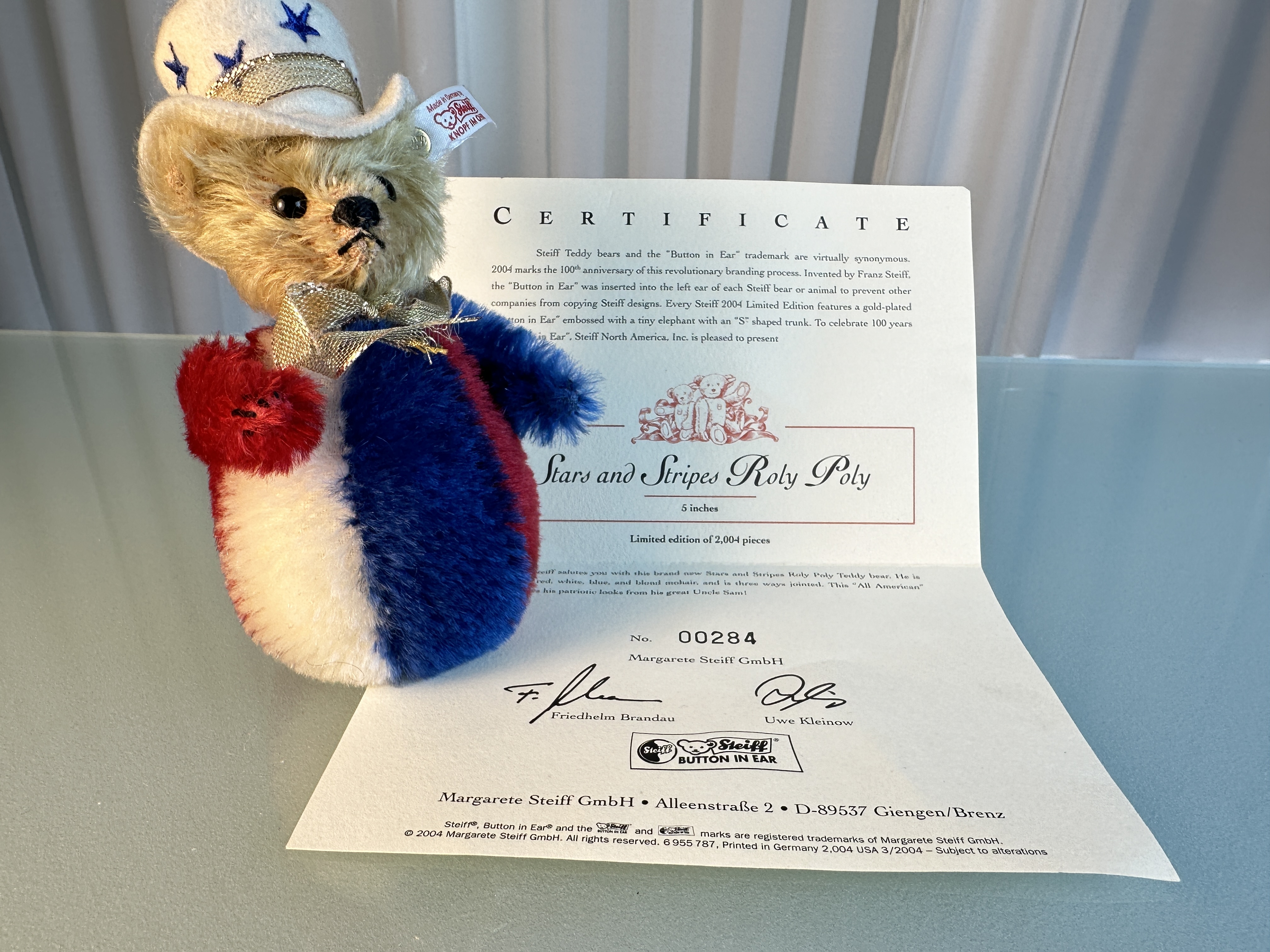 Steiff Roly Polly Teddy Bär 667459 Stars and Stripes Ltd. 13cm Top Zustand mit Zertifikat 