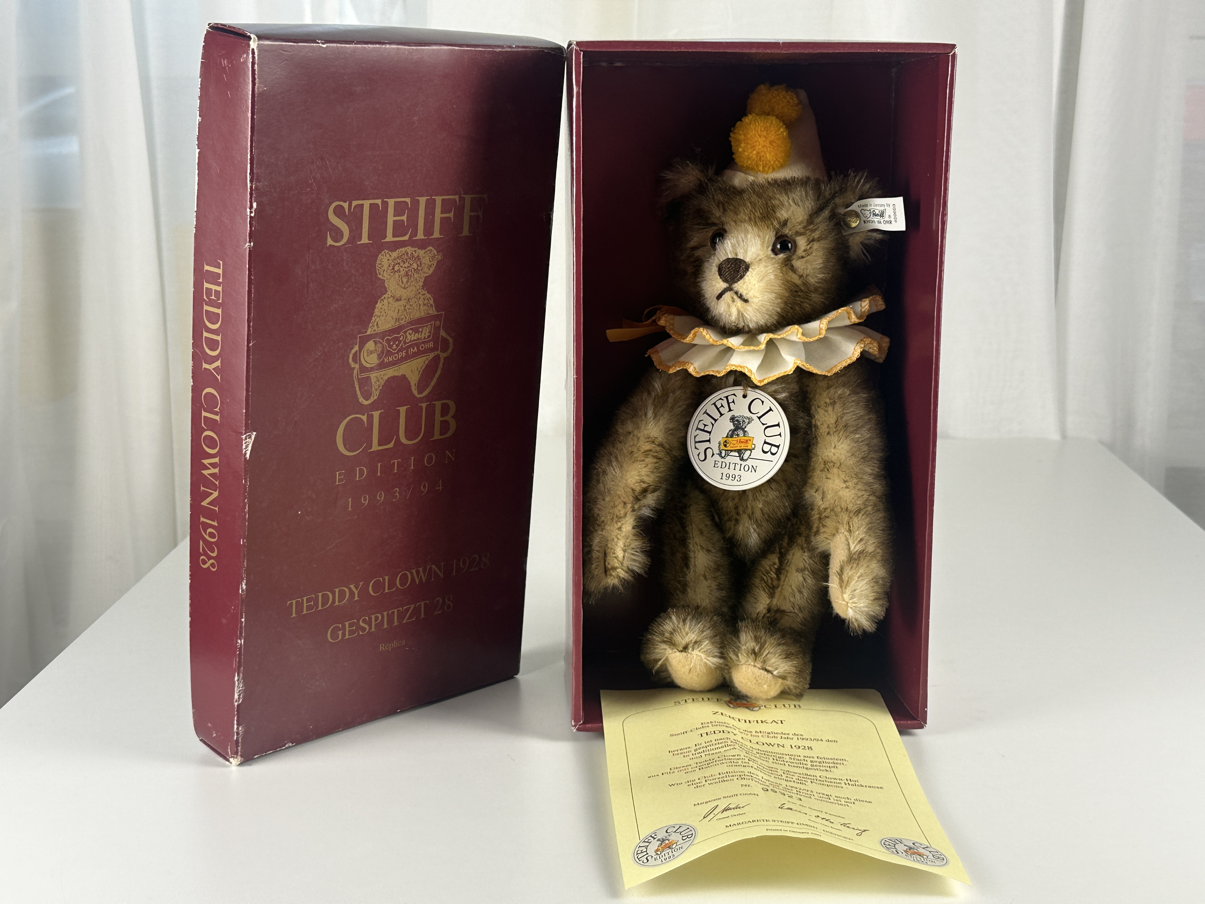 Steiff Tier 420023 Club 1993 Teddy Bär Clown 28 cm. Ovp & Zertifikat Top Zustand 