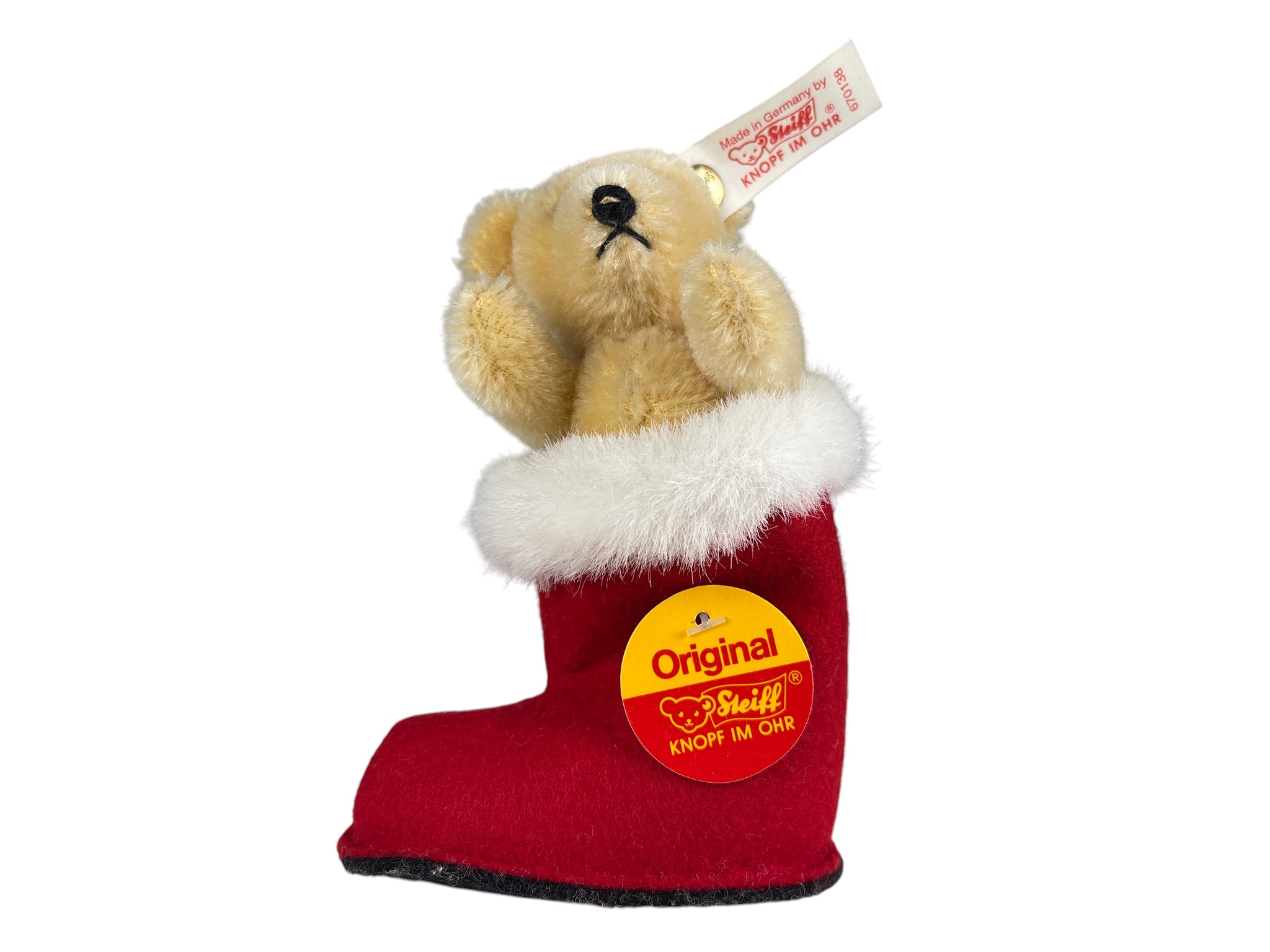 Steiff Tier 670138 Weihnachtsstiefel Teddy Bär 10cm. Top Zustand   