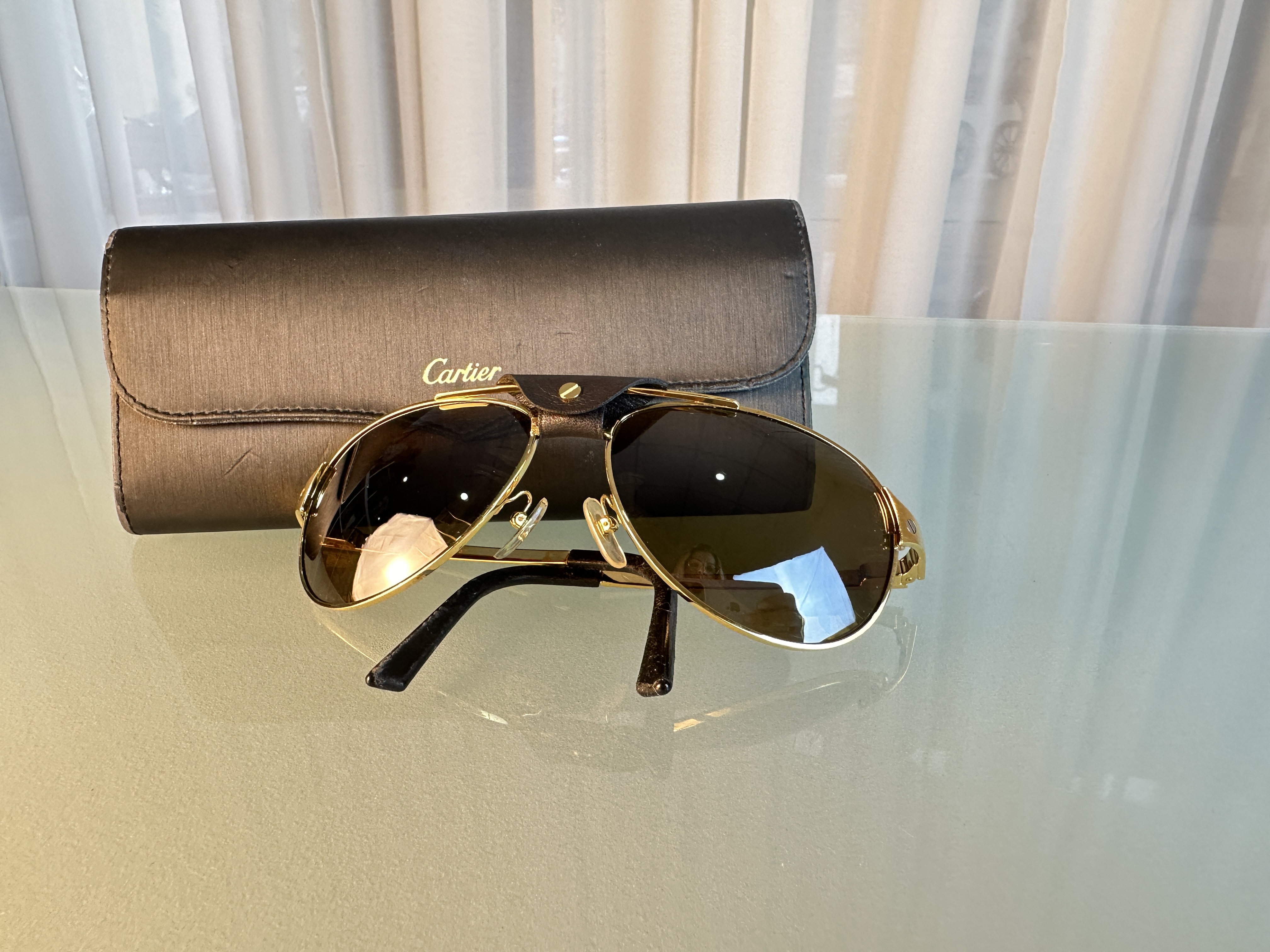 Cartier Edition Santos Dumont Sonnenbrille Leder/Gold mit Etui Zustand siehe Bilder Schöner Klassiker 