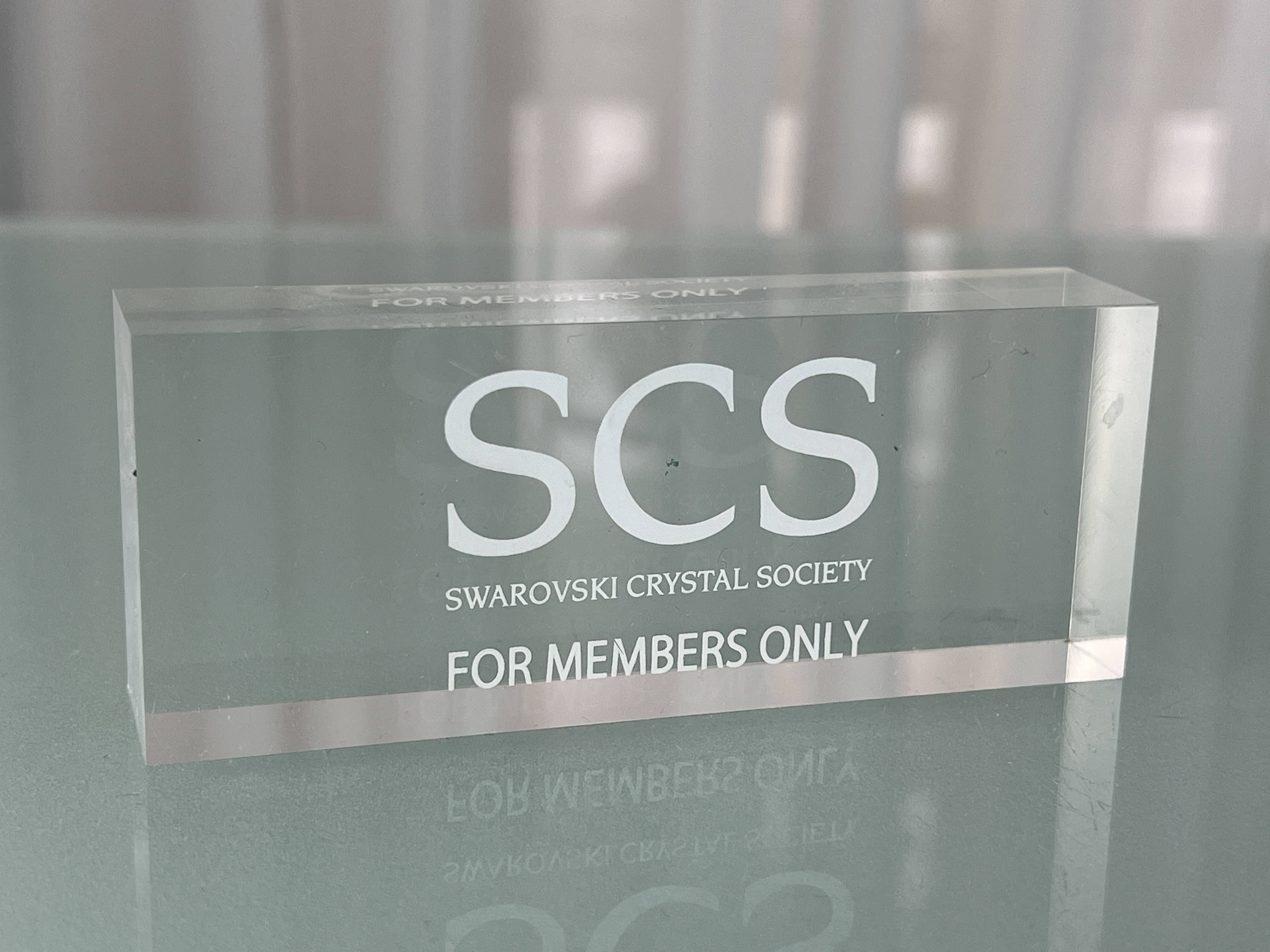 Swarovski Figur Schild Plexiglas 4 x 10 cm. Unbenutzt 