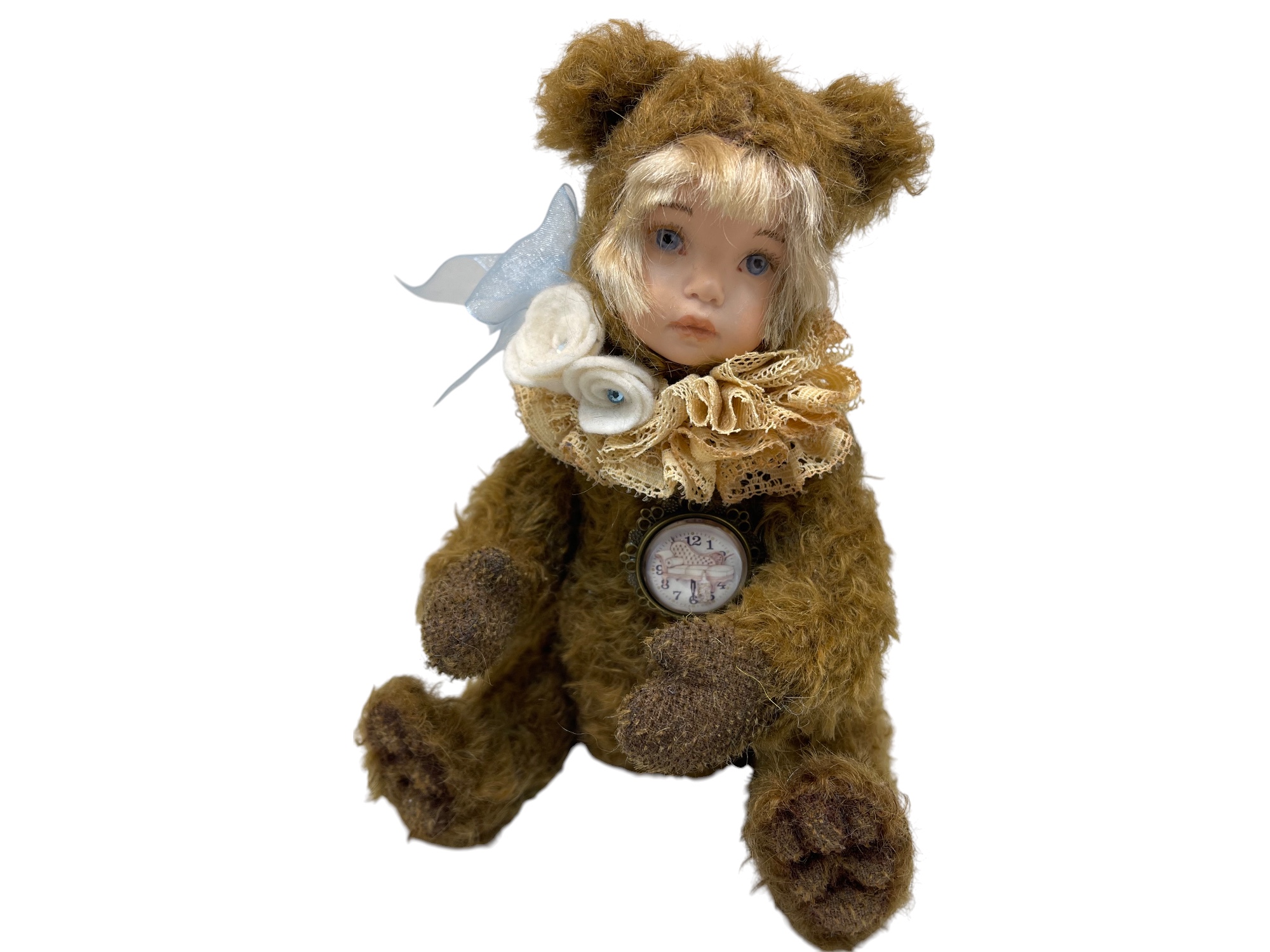 Laurent Bergmann Künstlerbär Teddybär + Porzellan Puppen Gesicht 25 cm. Top Zustand.    