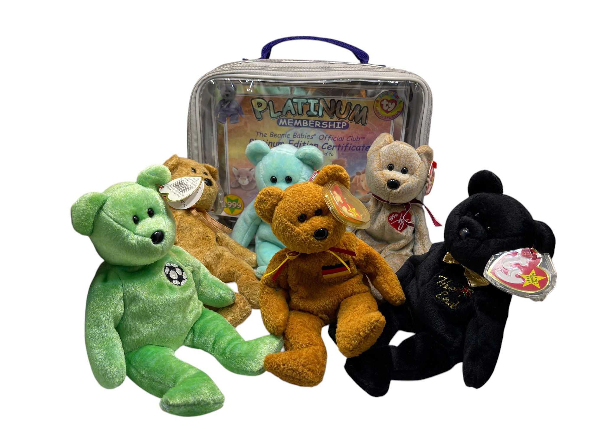 Sammler Stofftier Teddybär  Beanie Babies Konvolut + Tasche 6 Bären je 22 cm. Top Zustand 