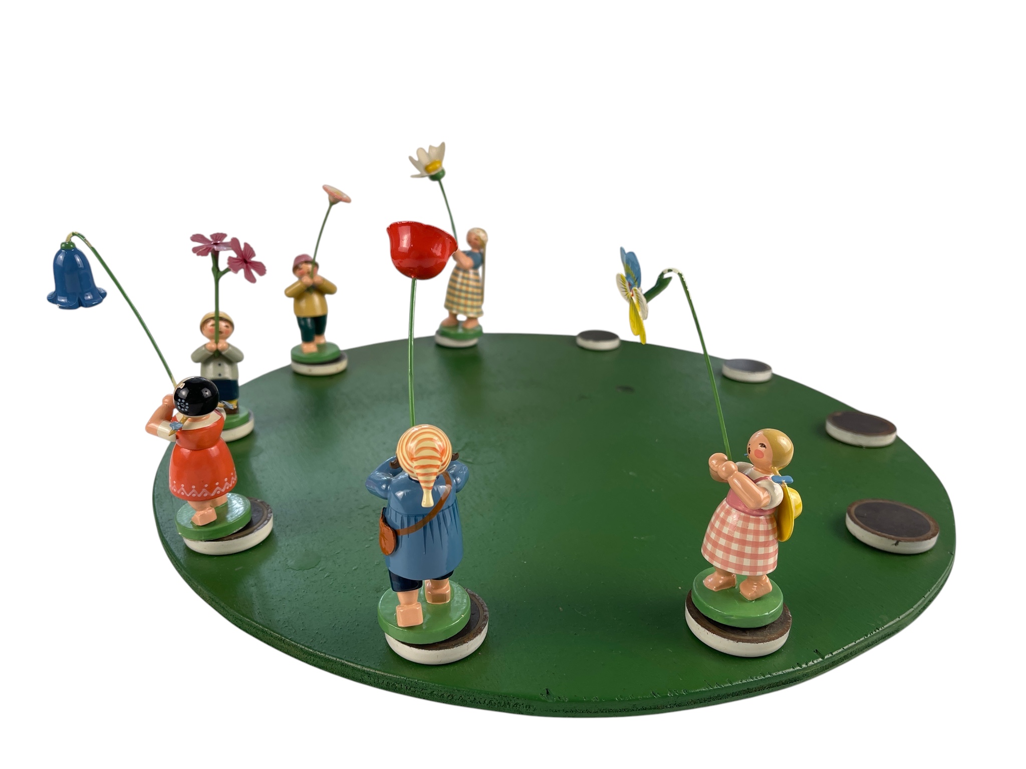 Erzgebirge Figur 6 Blumenkinder + Magnetisches Podest Ø 36 cm . Zustand siehe Fotos  