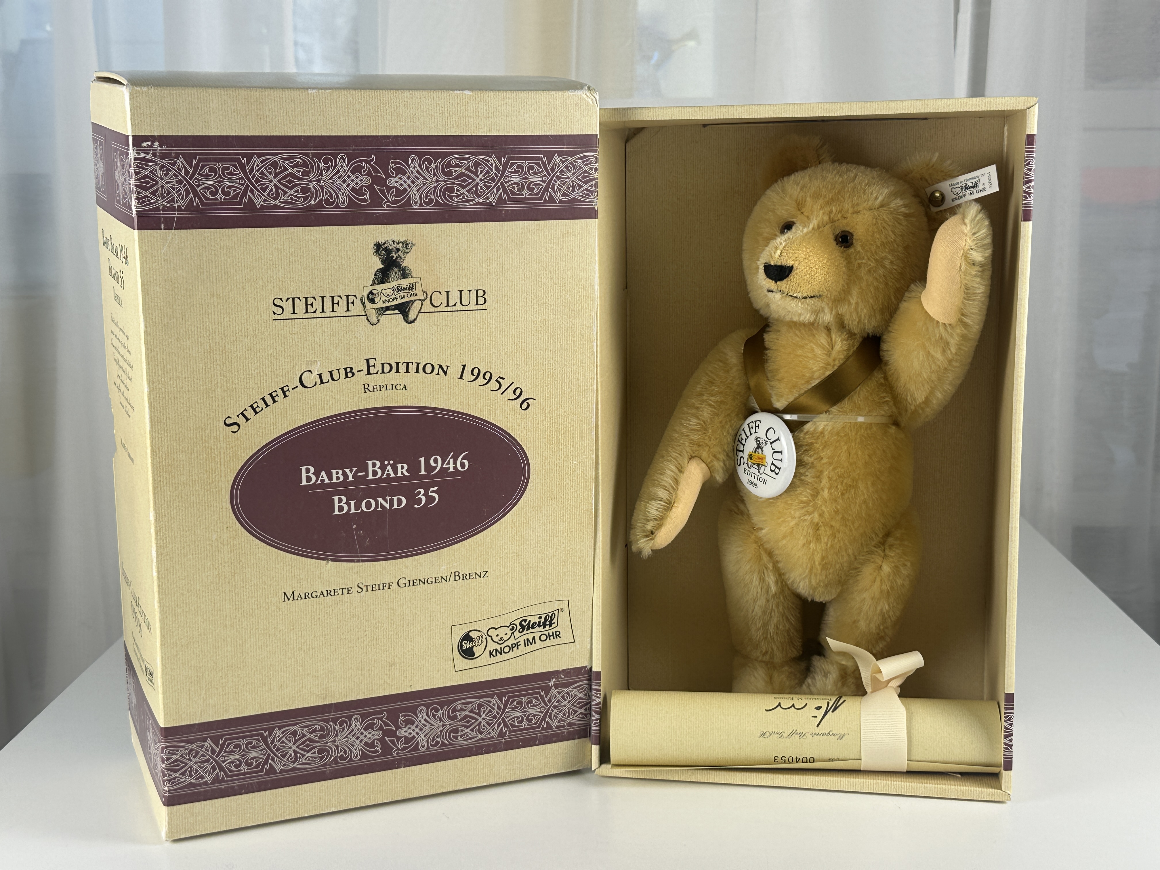   Steiff Tier 420054 Club Edition 1995 TeddyBär 35 cm mit Ovp & Zertifikat. Top Zustand