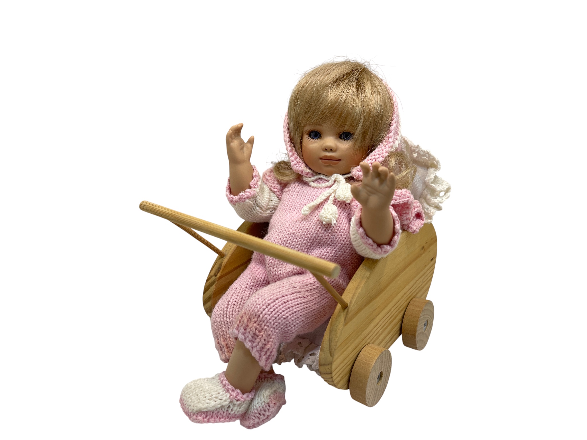 Gabriele Müller Porzellan Puppe 14 cm + Puppenwagen 10 x 15 x 12 cm. Top Zustand