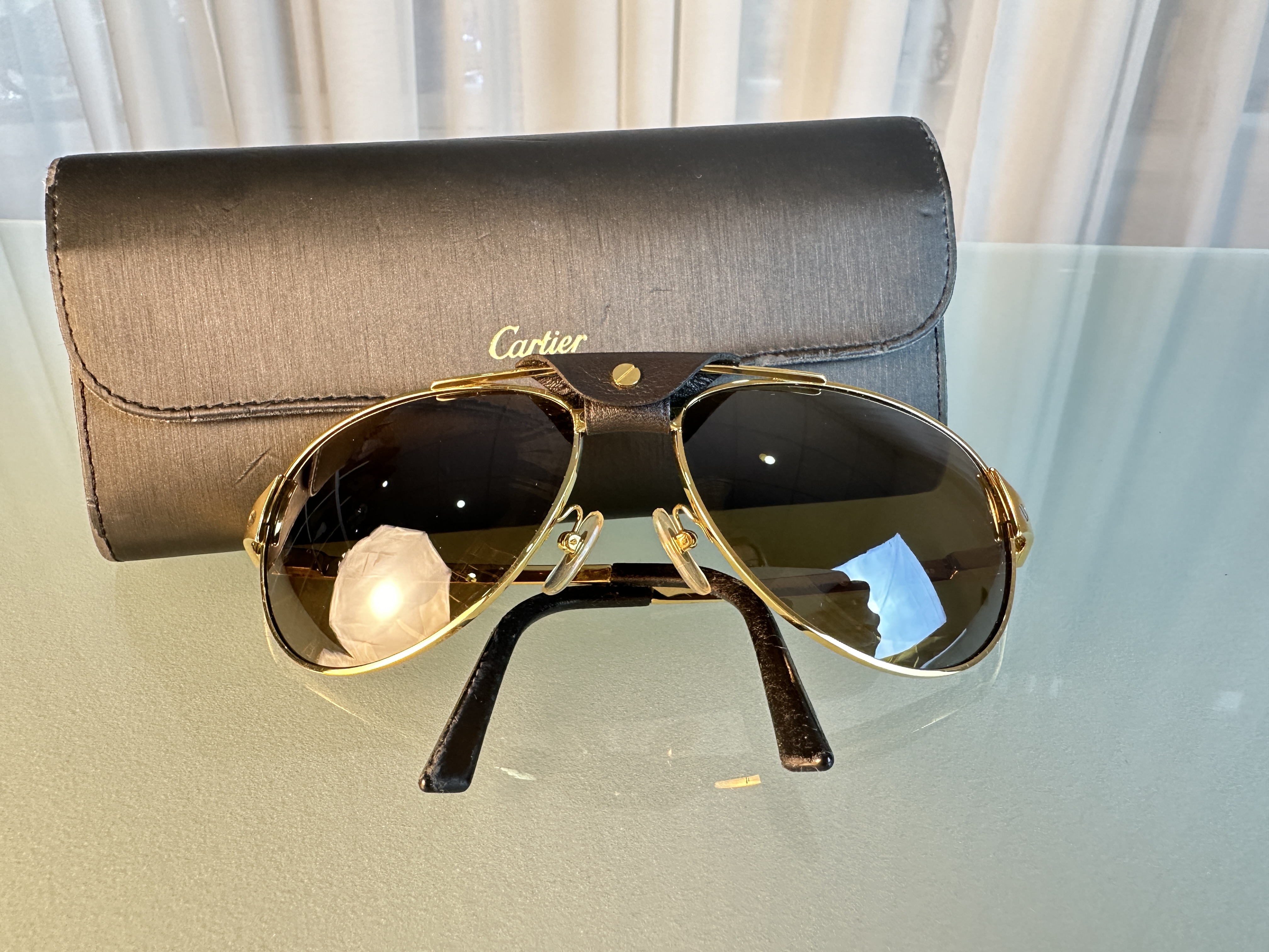 Cartier Edition Santos Dumont Sonnenbrille Leder/Gold mit Etui Zustand siehe Bilder Schöner Klassiker 