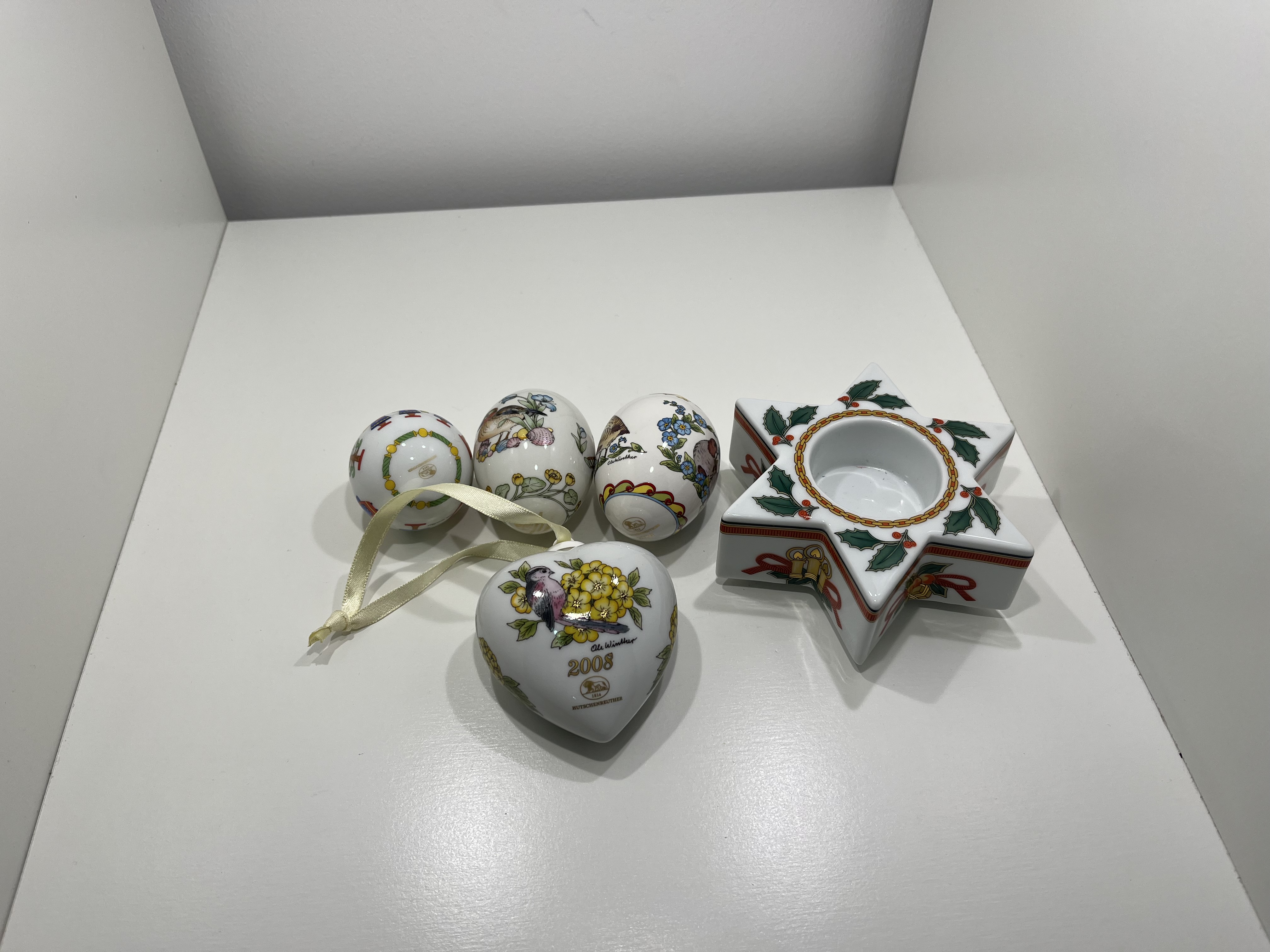  Hutschenreuther 2 Eier + 1 Herz + Kugel + Kerzenhalter Konvolut 5 Stück  Top Zustand.     