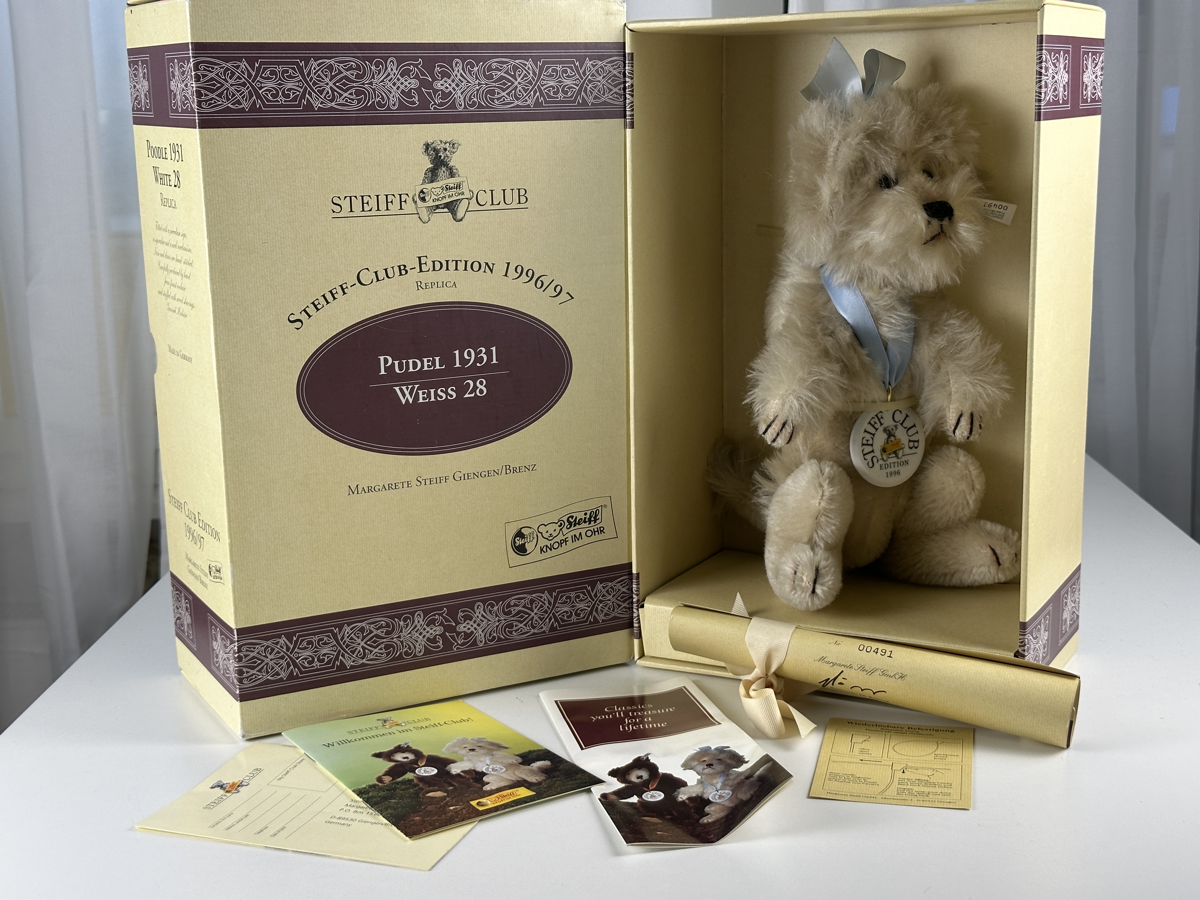 Steiff Tier 420085 Hund Pudel 1931  28 cm mit OVP & Zertifikat in Top Zustand