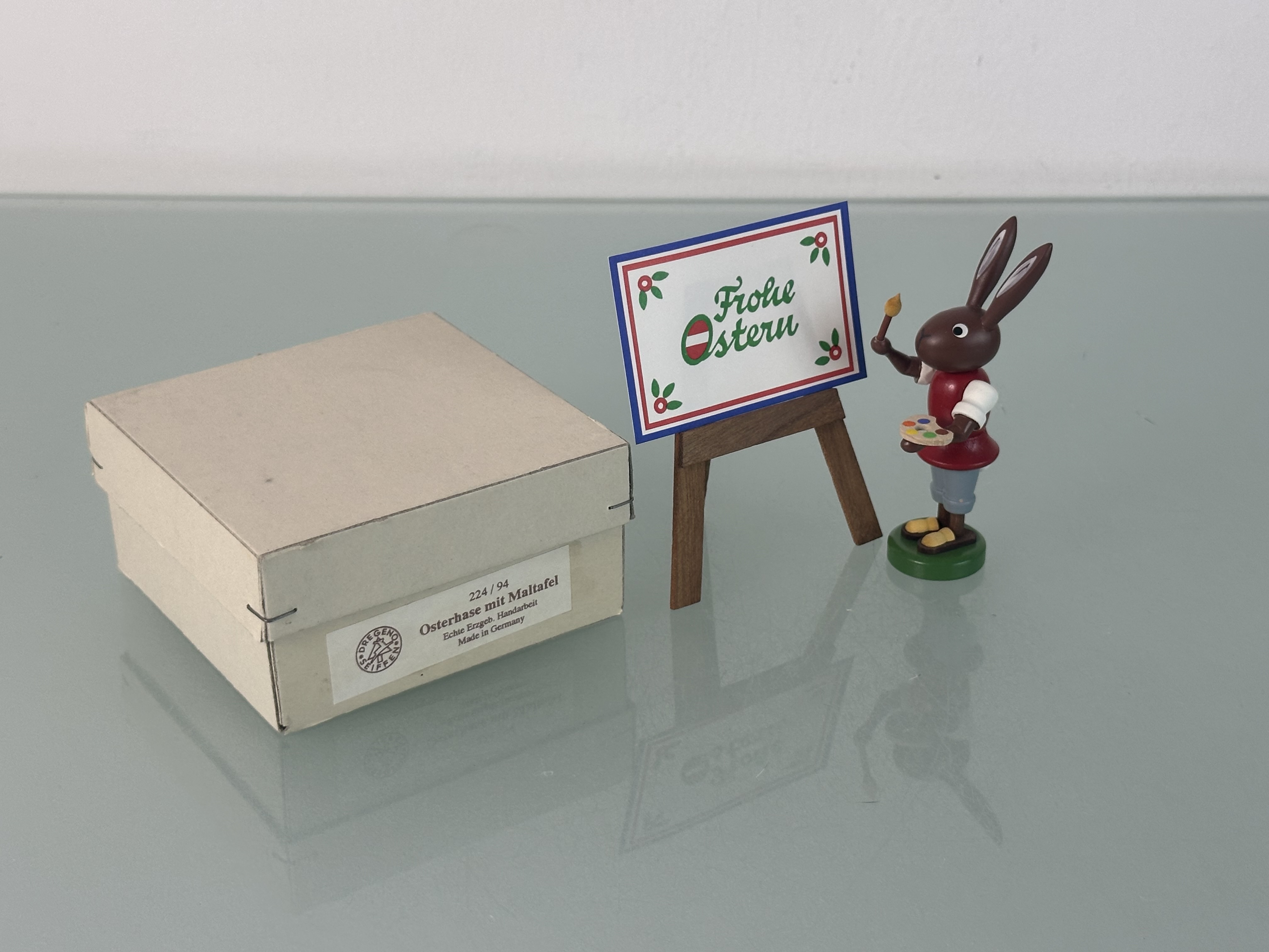 Erzgebirge Seiffener Figur Osterhase 9,9 cm mit Staffelei 9,9 x 7,8 cm. Top Zustand