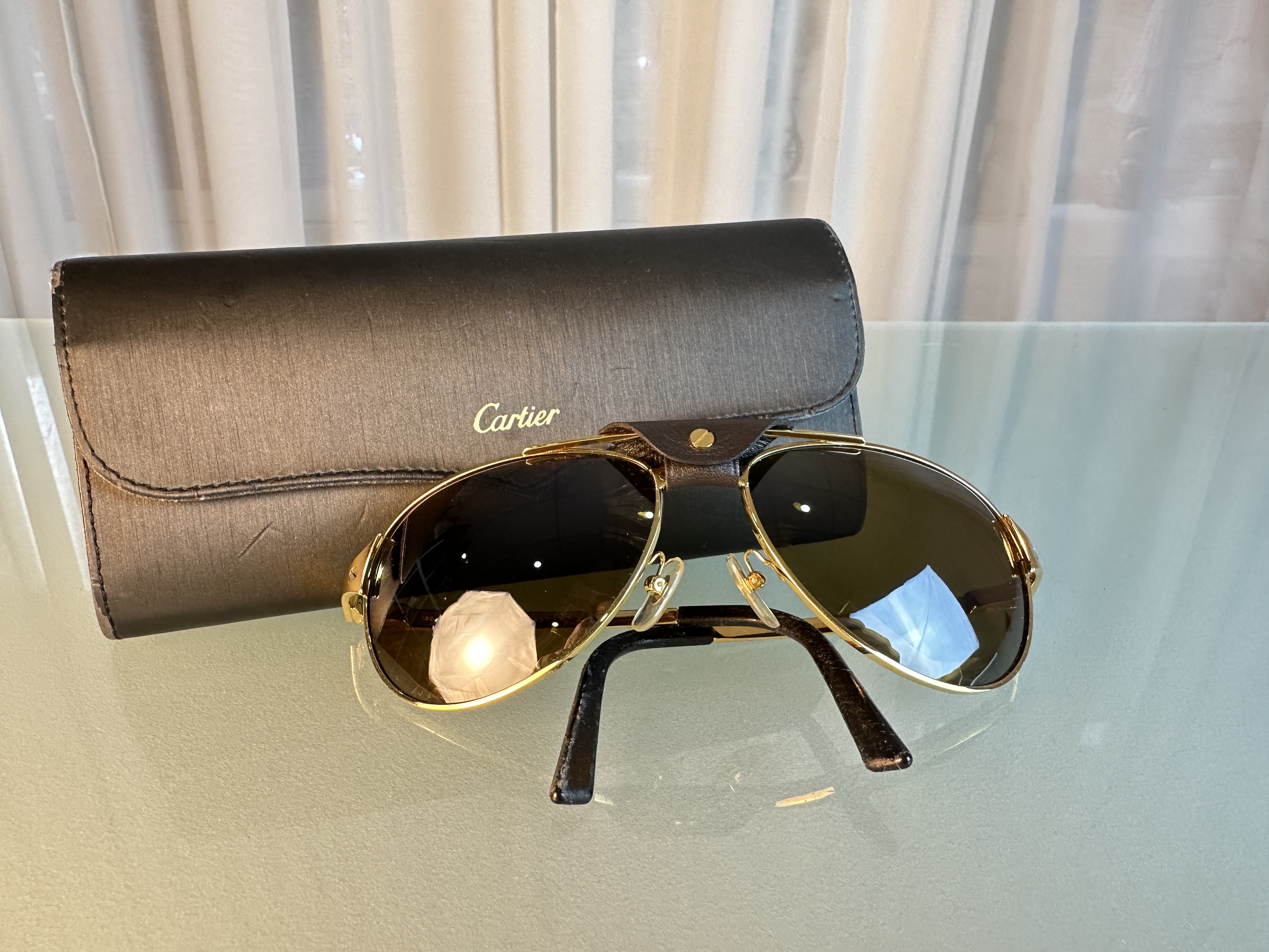 Cartier Edition Santos Dumont Sonnenbrille Leder/Gold mit Etui Zustand siehe Bilder Schöner Klassiker 