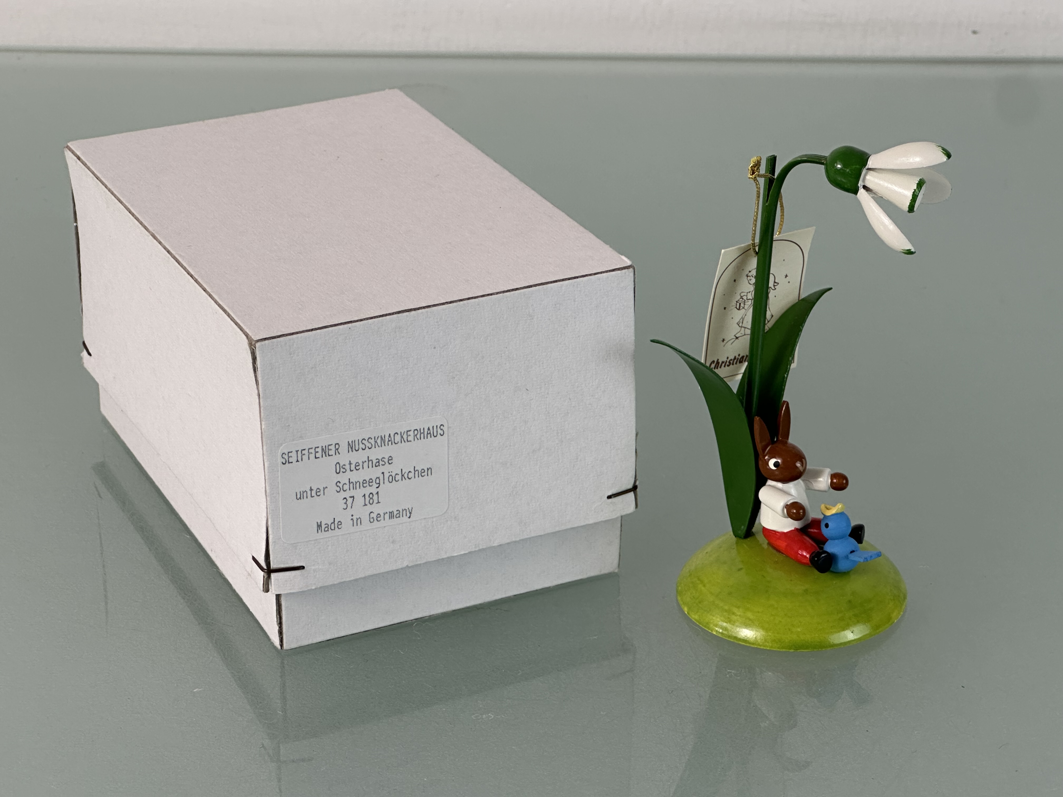 Erzgebirge Seiffener Figur Osterhase unter Schneeglöckchen 11 cm. Top Zustand